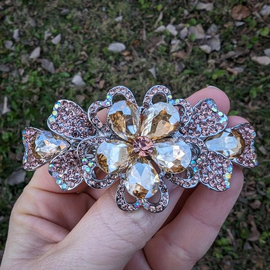 Gold Rhinestone Flower Hair Bar Barrette, Gold Hair Clip, Crystal Hair Jewelry